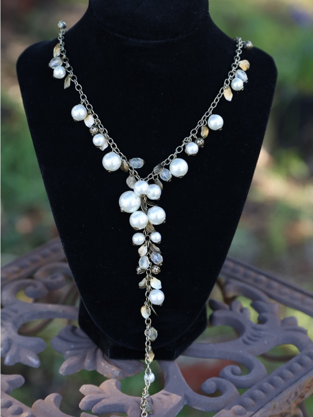 Pearl Drop Y-Necklace with Antique Gold Accents - Unbranded